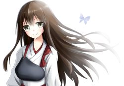 Rule 34 | 10s, 1girl, a.a (aa772), akagi (kancolle), bad id, bad pixiv id, brown eyes, brown hair, bug, butterfly, chibi, bug, japanese clothes, kantai collection, long hair, looking at viewer, muneate, solo, white background