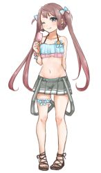 Rule 34 | 10s, 1girl, arm behind back, asagumo (kancolle), bikini, bikini top only, bikini under clothes, blue bikini, bow, bracelet, brown hair, cross-laced sandals, flower, food, frilled bikini, frills, full body, gradient hair, grey eyes, hair bow, hair rings, highres, jewelry, kantai collection, licking lips, long hair, looking at viewer, multicolored hair, navel, nuno (pppompon), one eye closed, pigeon-toed, pleated skirt, popsicle, sandals, simple background, skirt, solo, standing, suspender skirt, suspenders, suspenders hanging, swimsuit, swimsuit under clothes, thigh strap, tongue, tongue out, v-shaped eyebrows, very long hair, white background