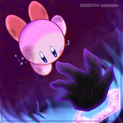 Rule 34 | abstract background, airborne, blush stickers, commentary request, dark background, dirty, disembodied hand, fire, kirby, kirby&#039;s return to dream land, kirby (series), magic circle, magolor, magolor soul, nintendo, no humans, out of frame, purple background, reaching, tears, telutelute