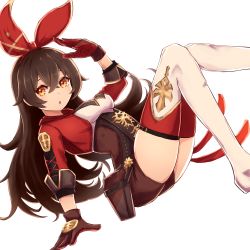 Rule 34 | 1girl, amber (genshin impact), bag, belt, blush, boots, genshin impact, gloves, hair between eyes, highres, long hair, long sleeves, looking at viewer, red eyes, reizouko, short shorts, shorts, solo, thigh boots, thighhighs, thighs, white background
