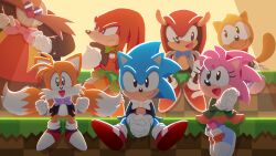 Rule 34 | 1girl, 6+boys, adjusting bow, amy rose, animal ears, anniversary, bow, bowtie, clenched hands, dr. eggman, facial hair, fox ears, fox tail, furry, furry female, furry male, gloves, hairband, highres, knuckles the echidna, looking at another, looking at viewer, mighty the armadillo, multiple boys, multiple tails, mustache, official art, open mouth, own hands together, ray the flying squirrel, shoes, sitting, smile, sneakers, sonic (series), sonic the hedgehog, sonic the hedgehog (classic), squirrel tail, tail, tails (sonic), uno yuuji, white gloves