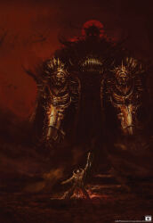 Rule 34 | 2boys, absurdres, adeptus astartes, armor, axe, battle axe, blood, chaos (warhammer), chaos space marine, commentary, copyright name, copyright notice, demon, demon horns, english commentary, flying, gold armor, headpiece, hell, heresy, highres, holding, holding axe, horns, khorne, maxstaxidermia, multiple boys, ornate armor, pelvic curtain, pile of skulls, red eyes, red skirt, red sky, red sun, shaded face, shoulder armor, shoulder spikes, skirt, skull, skull ornament, sky, spikes, topless male, warhammer 40k, warrior of chaos, weapon, world eaters