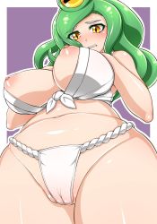 Rule 34 | 1girl, blush, breasts, clenched teeth, coco ankou, curvy, from below, green hair, large breasts, monster girl, navel, nipples, teeth, thick eyebrows, thick thighs, yellow eyes