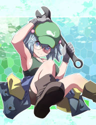 Rule 34 | 1girl, blue eyes, blue hair, boots, breasts, clothes around waist, glasses, gloves, hair bobbles, hair ornament, hat, kawashiro nitori, large breasts, otoufu (wddkq314band), smile, solo, tank top, touhou, wrench