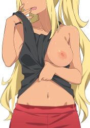 Rule 34 | 1girl, black tank top, blonde hair, breast focus, breasts, collarbone, dark-skinned female, dark skin, dumbbell nan kilo moteru?, fang, female focus, fingernails, hand up, head out of frame, highres, large breasts, lifting own clothes, long hair, midriff, morisobo, navel, nipples, no bra, one breast out, open mouth, red shorts, sakura hibiki, shorts, simple background, smile, solo, standing, sweat, tank top, twintails, very long hair, white background