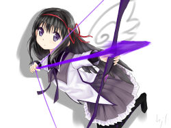 Rule 34 | 10s, akemi homura, black hair, bow (weapon), foreshortening, highres, hjl (hjl5000), long hair, mahou shoujo madoka magica, mahou shoujo madoka magica (anime), pantyhose, purple eyes, solo, weapon, wings