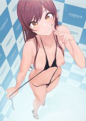 Rule 34 | 1girl, absurdres, bikini, bikini pull, black bikini, blurry, blush, breasts, brown hair, closed mouth, clothes pull, collarbone, depth of field, foreshortening, from above, hand gesture, highres, hip focus, idolmaster, idolmaster shiny colors, long hair, looking at viewer, looking up, medium breasts, micro bikini, navel, nipples, osaki amana, q (ed69), sandals, smile, solo, standing, step and repeat, swept bangs, swimsuit, thighs, v, yellow eyes