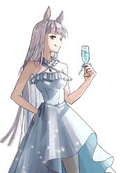 Rule 34 | 1girl, alternate costume, bare shoulders, breasts, champagne flute, closed mouth, criss-cross halter, cup, dress, drinking glass, feet out of frame, gold ship (umamusume), grey hair, halterneck, hand on own hip, highres, holding, holding cup, igafujino, licking lips, long hair, looking at viewer, pink eyes, simple background, sleeveless, sleeveless dress, small breasts, smile, solo, standing, tongue, tongue out, umamusume, white background, white dress