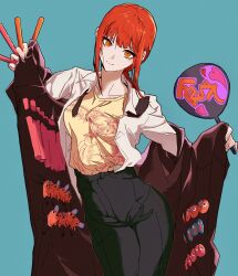 Rule 34 | 1girl, absurdres, badge, black necktie, black pants, bloom into me15, blue background, braid, button badge, chainsaw devil, chainsaw man, character doll, coat, collared shirt, glowstick, hand fan, highres, holding, holding fan, makima (chainsaw man), necktie, pants, pochita (chainsaw man), red eyes, red hair, ringed eyes, shirt, simple background, solo, trench coat, white shirt