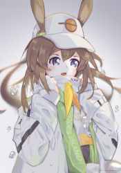 Rule 34 | 1girl, :d, amiya (arknights), arknights, bad id, bad pixiv id, baseball cap, blue eyes, blurry, blurry background, brown hair, commentary request, depth of field, ears through headwear, floating hair, gradient background, grey background, hair between eyes, hat, highres, jacket, long hair, long sleeves, official alternate costume, open mouth, ponytail, puffy long sleeves, puffy sleeves, rabbit girl, sleeves past wrists, smile, solo, teeth, upper body, upper teeth only, very long hair, water drop, watermark, white background, white hat, white jacket, yi lon