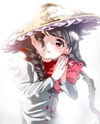 Rule 34 | 1girl, ajirogasa, black hair, bow, braid, buttons, capelet, commentary request, dress, grey dress, hair bow, hat, head tilt, long hair, nail polish, own hands together, red eyes, red nails, satomachi, smile, snow, solo, touhou, twin braids, upper body, very long hair, white background, yatadera narumi