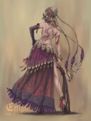 Rule 34 | 1girl, absurdres, armlet, back tattoo, bangle, bracelet, braid, braided bun, breasts, cat o&#039; nine tails, closed mouth, contrapposto, detached collar, detached sleeves, dragon tattoo, earrings, english text, from behind, full body, hair bun, hand on own hip, high heels, highres, holding, jewelry, large breasts, leg tattoo, legs apart, long hair, multiple braids, nishi, original, profile, shoes, single sleeve, solo, standing, tattoo, tri braids, veil, very long hair, whip, yellow background
