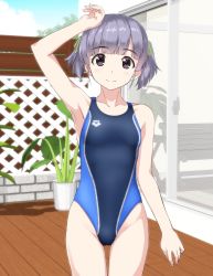 Rule 34 | 1girl, arena (company), bad id, bad twitter id, black eyes, black one-piece swimsuit, collarbone, competition swimsuit, cowboy shot, flat chest, highres, inactive account, kantai collection, looking at viewer, one-piece swimsuit, ooshio (kancolle), outdoors, plant, purple hair, short twintails, sliding doors, smile, solo, swimsuit, takafumi, twintails