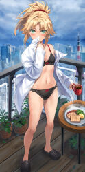 Rule 34 | 1girl, black bra, black footwear, black panties, blonde hair, blue sky, blush, bra, breasts, city, cloud, coffee, commentary request, crocs, cup, day, fate/apocrypha, fate (series), food, green eyes, highres, holding, holding cup, long sleeves, looking at viewer, mordred (fate), mug, navel, off shoulder, panties, plant, ponytail, potted plant, railing, shirt, short hair, single bare shoulder, sky, small breasts, solo, standing, stomach, thighs, tonee, underwear, white shirt