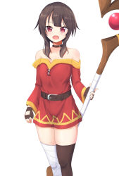 Rule 34 | 1girl, bandaged leg, bandages, bare shoulders, belt, black collar, black hair, black thighhighs, blush, breasts, collar, collarbone, commentary request, dress, fingerless gloves, gloves, highres, kono subarashii sekai ni shukufuku wo!, looking at viewer, megumin, open mouth, red dress, red eyes, short hair, simple background, single thighhigh, small breasts, smile, solo, staff, standing, thighhighs, tr1060coupon, white background