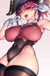Rule 34 | 1girl, arrow through heart, black hat, black leotard, black thighhighs, breasts, cropped jacket, fangs, gloves, hair ribbon, hat, heterochromia, highres, hololive, houshou marine, houshou marine (1st costume), jacket, large breasts, leotard, leotard under clothes, long hair, looking at viewer, max (maxlikeapicture), open mouth, pirate hat, red eyes, red hair, red jacket, red ribbon, ribbon, sleeveless, sleeveless jacket, smile, solo, thighhighs, tongue, tongue out, twintails, virtual youtuber, white gloves, yellow eyes