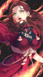 Rule 34 | 1girl, black background, breasts, brown hair, cleavage, cowboy shot, dorothea arnault, dress, earrings, fire, fire emblem, fire emblem: three houses, fire emblem warriors, fire emblem warriors: three hopes, fishnet top, fishnets, green eyes, highres, jewelry, large breasts, long hair, nintendo, oas, open mouth, red dress, short sleeves, simple background, solo, twitter username
