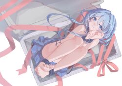 Rule 34 | 1girl, absurdres, aiyouyou, bare legs, bare shoulders, barefoot, blue eyes, blue hair, blush, bound, box, chain, chained, chinese commentary, closed mouth, collar, commentary request, cuffs, dress, feet, hair between eyes, highres, in box, in container, long hair, looking at viewer, lying, original, own hands together, red ribbon, ribbon, simple background, skirt, smile, solo, tearing up, thigh strap, thighs, toes, white background