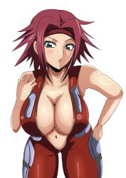 Rule 34 | 1girl, bent over, bodysuit, breasts, cleavage, code geass, hand on own hip, highres, kouzuki kallen, large breasts, leaning forward, legs, looking at viewer, navel, no bra, open bodysuit, open clothes, red hair, solo, thick thighs, thighs, unzipped