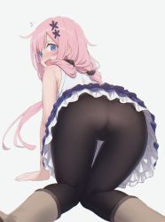 Rule 34 | 1girl, :d, all fours, arm support, ass, ass focus, blue eyes, blush, brown pantyhose, feet out of frame, frilled skirt, frills, from behind, hair ornament, hair scrunchie, highres, long hair, looking at viewer, looking back, low twintails, mikazuchi zeus, ochikobore fruit tart, open mouth, panties, panties under pantyhose, pantyhose, pink hair, sakura ino, scrunchie, shirt, simple background, skirt, sleeveless, sleeveless shirt, smile, solo, thighs, twintails, underwear, very long hair, white background, white shirt