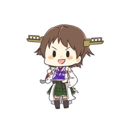 Rule 34 | 1girl, bad food, brown hair, chibi, detached sleeves, flipped hair, full body, green skirt, hairband, headgear, hiei (kancolle), japanese clothes, kantai collection, karin., ladle, plaid, ribbon-trimmed sleeves, ribbon trim, short hair, simple background, skirt, solo, standing, white background
