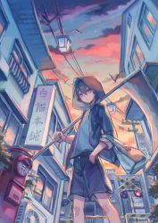 Rule 34 | 1boy, air conditioner, bag, bird, black hair, black jacket, black shorts, brown eyes, building, cityscape, closed mouth, cloud, cloudy sky, commentary request, cowboy shot, evening, from below, gradient sky, hair between eyes, hand in pocket, handbag, highres, holding, holding scythe, hood, hood up, hooded jacket, jacket, lamp, looking at viewer, male focus, open clothes, open jacket, orange sky, original, outdoors, plant, postbox (outgoing mail), power lines, railroad signal, scythe, shirt, shorts, sign, sky, solo, standing, sunset, suzaku (zaku6584), utility pole, white shirt, window