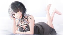 Rule 34 | 1girl, absurdres, bare arms, bare shoulders, barefoot, black choker, black dress, black hair, choker, commentary, dress, grey hair, highres, hololive, hololive english, looking at viewer, lying, multicolored hair, on stomach, shiori novella, sleeveless, sleeveless dress, smile, solo, split-color hair, virtual youtuber, yellow eyes, zeranium (zeranium17)