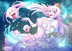 Rule 34 | 1girl, blue fire, blush, boo (mario), bow, breasts, cleavage, crown, dated, dress, dress bow, fire, gloves, large breasts, long hair, looking at viewer, luigi&#039;s mansion, mario (series), new super mario bros. u deluxe, nintendo, open mouth, pink eyes, princess king boo, puffy short sleeves, puffy sleeves, sharp teeth, short sleeves, skirt, super crown, teeth, tongue, tongue out, twitter username, usuda hiro, white dress, white gloves, white hair, white skirt