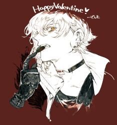 Rule 34 | 1boy, absurdres, araya (hachino araya), bags under eyes, biting, black gloves, black shirt, chocolate, collar, cropped shoulders, ear piercing, earrings, english text, fate/grand order, fate (series), food in mouth, from side, fur trim, gloves, hair between eyes, hand up, happy valentine, highres, hoop earrings, index finger raised, jewelry, kadoc zemlupus, looking at viewer, looking to the side, male focus, neck piercing, parted lips, piercing, popped collar, red background, sharp teeth, shirt, short hair, simple background, solo, spot color, teeth, yellow eyes