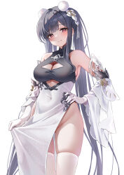 Rule 34 | 1girl, absurdly long hair, absurdres, azur lane, bare shoulders, blush, breasts, china dress, chinese clothes, classic (zildjian33), cleavage, cleavage cutout, closed mouth, clothes grab, clothing cutout, covered navel, cutout above navel, detached sleeves, dress, duplicate, gloves, hair ornament, hand on own hip, highres, large breasts, long hair, looking at viewer, no panties, non-web source, pelvic curtain, peter strasser (azur lane), peter strasser (lustrous jade of the golden house) (azur lane), pom pom (clothes), pom pom hair ornament, red eyes, simple background, smile, solo, thighhighs, thighs, twintails, very long hair, white background, white gloves, white thighhighs, wide sleeves