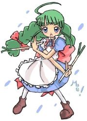 Rule 34 | 1girl, ahoge, apron, blue eyes, blush, boots, bow, braid, chaba, chaba (chabanyu), crossed arms, dress, dual wielding, female focus, fighting stance, green hair, hair bow, holding, long hair, lowres, maid, maid apron, me-tan, open mouth, os-tan, pantyhose, solo, spring onion, twin braids, white background, white pantyhose