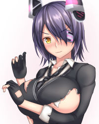 Rule 34 | 1girl, bad id, bad pixiv id, blush, breasts, embarrassed, eyepatch, fingerless gloves, gloves, kantai collection, large breasts, looking at viewer, necktie, purple hair, shirt, short hair, sweater, tapisuke, tenryuu (kancolle), torn clothes, torn shirt, upper body, yellow eyes