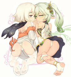 Rule 34 | 2girls, absurdres, ass, bare shoulders, black eyes, blush, cameltoe, can feng da bai ying, come hither, detached sleeves, dress, feet, from behind, genshin impact, gradient hair, green eyes, green hair, hair ornament, halo, highres, kneeling, long hair, looking at viewer, looking back, multicolored hair, multiple girls, nahida (genshin impact), naughty face, paimon (genshin impact), panties, pointy ears, scarf, shiny clothes, shiny skin, short dress, short hair, side ponytail, smile, soles, thighhighs, toeless footwear, underwear, white hair