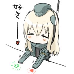 Rule 34 | 1girl, bad id, bad pixiv id, blonde hair, blush stickers, closed eyes, commentary request, elbow gloves, engiyoshi, garrison cap, gloves, green gloves, green hat, green jacket, hair between eyes, hat, heart, jacket, kantai collection, long hair, meme, open clothes, open jacket, outstretched arms, puffy short sleeves, puffy sleeves, short sleeves, solo, translation request, twitter username, u-511 (kancolle), white background