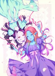 Rule 34 | 2girls, :d, ^ ^, aqua dress, black hair, blush, borrowed character, closed eyes, collarbone, colored skin, commission, dress, closed eyes, hair bun, heads together, highres, holding hands, hyanna-natsu, long hair, long sleeves, lying, multicolored hair, multiple girls, on back, open mouth, orange hair, original, pale skin, petals, puffy short sleeves, puffy sleeves, purple dress, purple skin, rainbow hair, short sleeves, simple background, single hair bun, sleeves past wrists, smile, two-tone hair, very long hair, white hair, wide sleeves