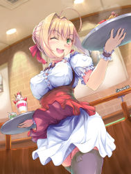 Rule 34 | 1girl, ahoge, apron, artist name, black thighhighs, blonde hair, blush, breasts, commentary request, dress, fate/grand order, fate (series), food, fruit, green eyes, highres, holding, holding plate, implied object insertion, indoors, kudou maimu, large breasts, looking at viewer, nero claudius (fate), nero claudius (fate) (all), nero claudius (fate/extra), omelet, omurice, one eye closed, open mouth, plate, public indecency, public vibrator, puffy short sleeves, puffy sleeves, red apron, red ribbon, ribbon, sex toy, short sleeves, shrimp, shrimp tempura, smile, solo, strawberry, teeth, tempura, thighhighs, upper teeth only, vibrator, vibrator in thighhighs, white dress, wrist cuffs