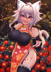 Rule 34 | 1girl, absurdres, breasts, character request, chinese clothes, detached sleeves, drawghosties, fang, flower, flower print, highres, large breasts, petals, red eyes, smile, tagme, white hair