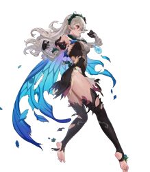 Rule 34 | 1girl, ass, bare shoulders, breasts, cape, corrin (female) (fire emblem), corrin (fire emblem), dress, ekao, elbow gloves, fire emblem, fire emblem fates, fire emblem heroes, floating, floating object, from side, full body, gloves, gradient clothes, hair ornament, hairband, hands up, highres, long hair, looking away, medium breasts, nintendo, non-web source, official art, parted lips, pointy ears, red eyes, see-through, short dress, sleeveless, sleeveless dress, solo, stone, thighhighs, thighs, thorns, toeless legwear, toes, torn cape, torn clothes, torn dress, transparent background, white hair