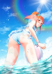 Rule 34 | 1boy, ass, bad id, bad pixiv id, ball, bare shoulders, beachball, blue sky, blush, bracelet, bulge, from behind, hair bobbles, hair ornament, highres, jewelry, leaning, leaning forward, long hair, looking back, male focus, natsusora wakana, novady, orange eyes, orange hair, original, ponytail, shiny skin, sky, solo, swimsuit, trap, water, wet, wet hair