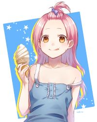Rule 34 | 1girl, :p, :q, artist name, bangs pinned back, bare shoulders, blue shirt, blush, bow, brown eyes, closed mouth, food, forehead, hair bow, holding, holding food, ice cream, ice cream cone, long hair, niduca (hio touge), original, pink hair, purple bow, shirt, silhouette, sleeveless, sleeveless shirt, smile, soft serve, solo, star (symbol), strap slip, sweat, tongue, tongue out, topknot, upper body