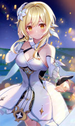 Rule 34 | 1girl, black gloves, blonde hair, blush, breasts, brown eyes, cleavage, closed mouth, commentary request, detached sleeves, dress, genshin impact, gloves, hair between eyes, highres, kisaragi yuri, long hair, long sleeves, looking at viewer, lumine (genshin impact), medium breasts, night, night sky, outdoors, partially fingerless gloves, revision, sky, smile, solo, star (sky), starry sky, white dress, white sleeves