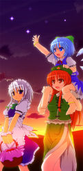 Rule 34 | 3girls, :d, apron, basket, beret, blush, braid, carrying, china dress, chinese clothes, cirno, dress, etogami kazuya, fairy, fairy wings, female focus, green dress, green eyes, hat, height difference, hong meiling, ice, ice wings, izayoi sakuya, maid headdress, multiple girls, open mouth, outstretched arm, puffy short sleeves, puffy sleeves, red hair, shoot the bullet, short sleeves, shoulder carry, silver hair, sky, smile, star (sky), star (symbol), starry sky, sunset, touhou, twin braids, waist apron, wings