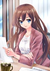Rule 34 | 1girl, blue eyes, brown hair, chair, coffee mug, cup, elbows on table, hand on own arm, highres, indoors, jewelry, long hair, looking at viewer, mug, necklace, original, paper, sitting, solo, su (pixiv44447), window