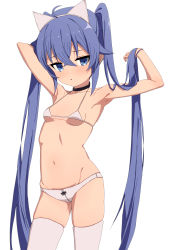 Rule 34 | 1girl, :o, ahoge, animal ears, arms up, bad id, bad pixiv id, bare arms, bare shoulders, bikini, black choker, blue eyes, blue hair, bow, bow panties, breasts, cat ears, choker, collarbone, commentary request, fake animal ears, groin, hair between eyes, hairband, long hair, mushoku tensei, navel, oueo, panties, parted lips, roxy migurdia, simple background, small breasts, solo, swimsuit, thighhighs, twintails, underwear, very long hair, white background, white bikini, white hairband, white thighhighs