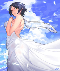 Rule 34 | 10s, 1girl, backless dress, backless outfit, bare back, black hair, cleavage, cloud, cloudy sky, day, dress, hayami kanade, highres, idolmaster, idolmaster cinderella girls, jjune, one eye closed, outdoors, parted bangs, parted lips, see-through, see-through cleavage, short hair, sky, solo, white dress, yellow eyes