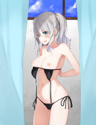 Rule 34 | 1girl, alternate costume, bikini, black bikini, blue eyes, blue sky, blush, breasts, curtains, day, grey hair, hair between eyes, highres, inushi, kantai collection, kashima (kancolle), large breasts, long hair, looking at viewer, nipples, open mouth, sidelocks, sky, solo, swimsuit, twintails, window
