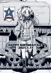 Rule 34 | 1girl, :d, alternate hairstyle, boots, can, cellphone, character name, coat, combat boots, commentary, cross-laced footwear, cutoffs, dated, denim, denim shorts, drink can, emblem, english text, eyewear on head, fingerless gloves, girls und panzer, gloves, greyscale, hair intakes, hair up, happy birthday, headphones, headphones around neck, highres, holding, holding can, holding phone, hone (honehone083), jacket, kay (girls und panzer), lace-up boots, long hair, long sleeves, looking to the side, m4 sherman, military, military uniform, military vehicle, monochrome, motor vehicle, open clothes, open coat, open mouth, phone, ponytail, saunders (emblem), saunders military uniform, scarf, shirt, short shorts, shorts, smile, soda can, solo, spot color, standing, standing on one leg, star (symbol), sunglasses, tank, thighhighs, trench coat, uniform
