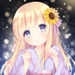 Rule 34 | 1girl, blonde hair, blue eyes, blush, bow, caramel (caramelmilk), closed mouth, commentary request, fireworks, flower, hair bow, hair flower, hair ornament, hands up, japanese clothes, kimono, long hair, long sleeves, looking at viewer, obi, original, pink bow, purple kimono, sash, senkou hanabi, smile, solo, sparkler, striped, striped bow, sunflower, sunflower hair ornament, upper body, wide sleeves, yellow flower