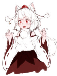 Rule 34 | 1girl, animal ears, detached sleeves, fang, female focus, fingernails, glint, hat, inubashiri momiji, junwool, open mouth, pink eyes, short hair, simple background, sketch, smile, solo, sparkle, tail, tokin hat, touhou, white background, white hair, wolf ears, wolf tail