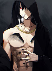 Rule 34 | 1boy, abs, black background, black hair, black jacket, black nails, chest tattoo, collarbone, commentary request, dog tags, flower tattoo, highres, hood, hood up, hooded jacket, in mouth, jacket, jewelry, looking at viewer, male focus, medium hair, multiple rings, nail polish, necklace, original, parted lips, pectorals, red eyes, ring, solo, tattoo, twitter username, upper body, wing tattoo, yagi (shiro yagi)